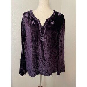 GNW Women’s Velvet Top Size M Purple Embroidered Boho Peasant Blouse Nepal Made